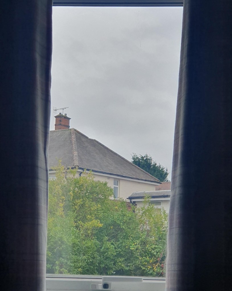 A grey winter sky viewed through a window