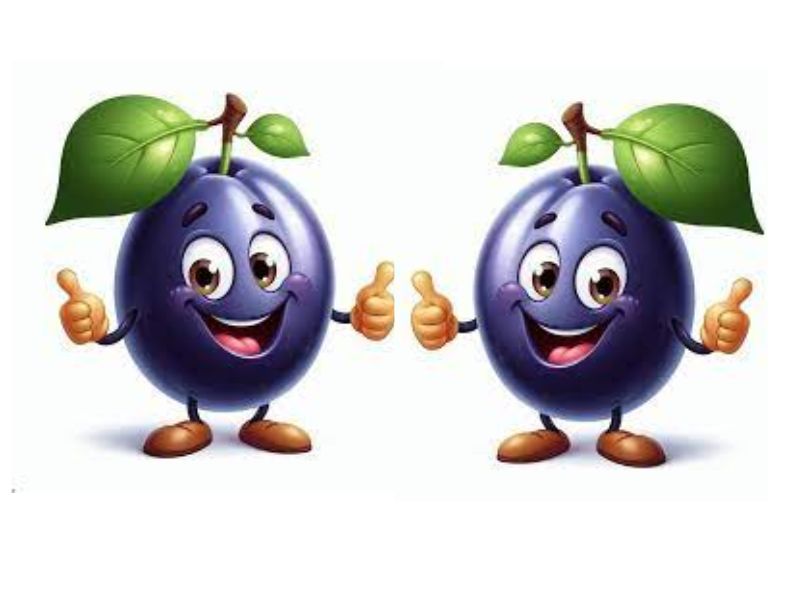 Two comic plums hold their thumbs up